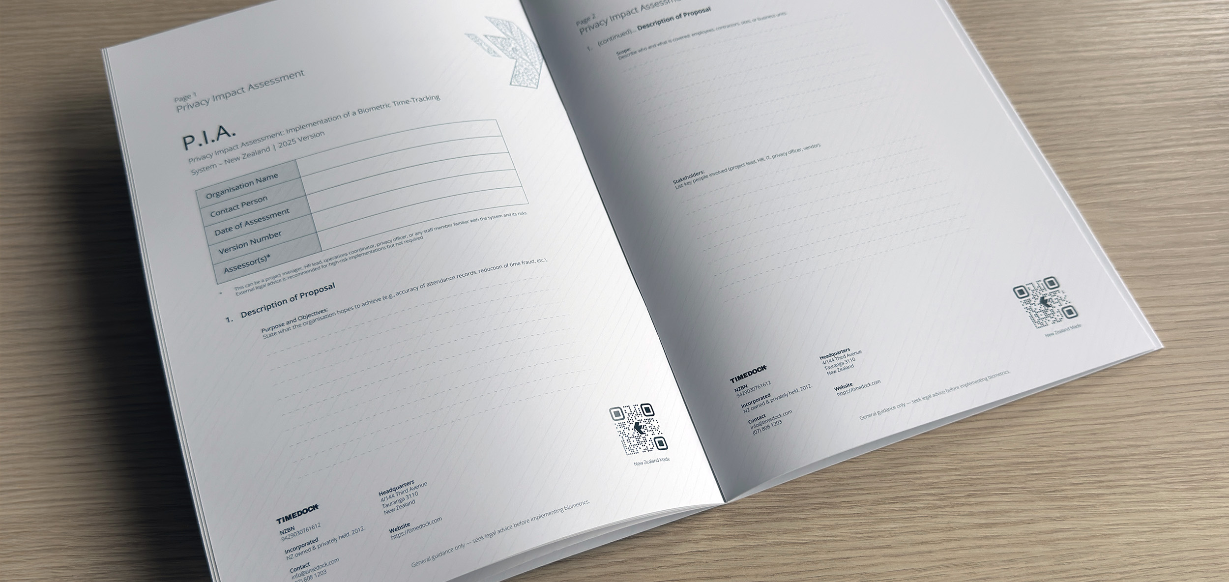 Photo of a privacy impact statement, specifically for employee time tracking. Designed for the New Zealand Biometric Privacy Code 2025.