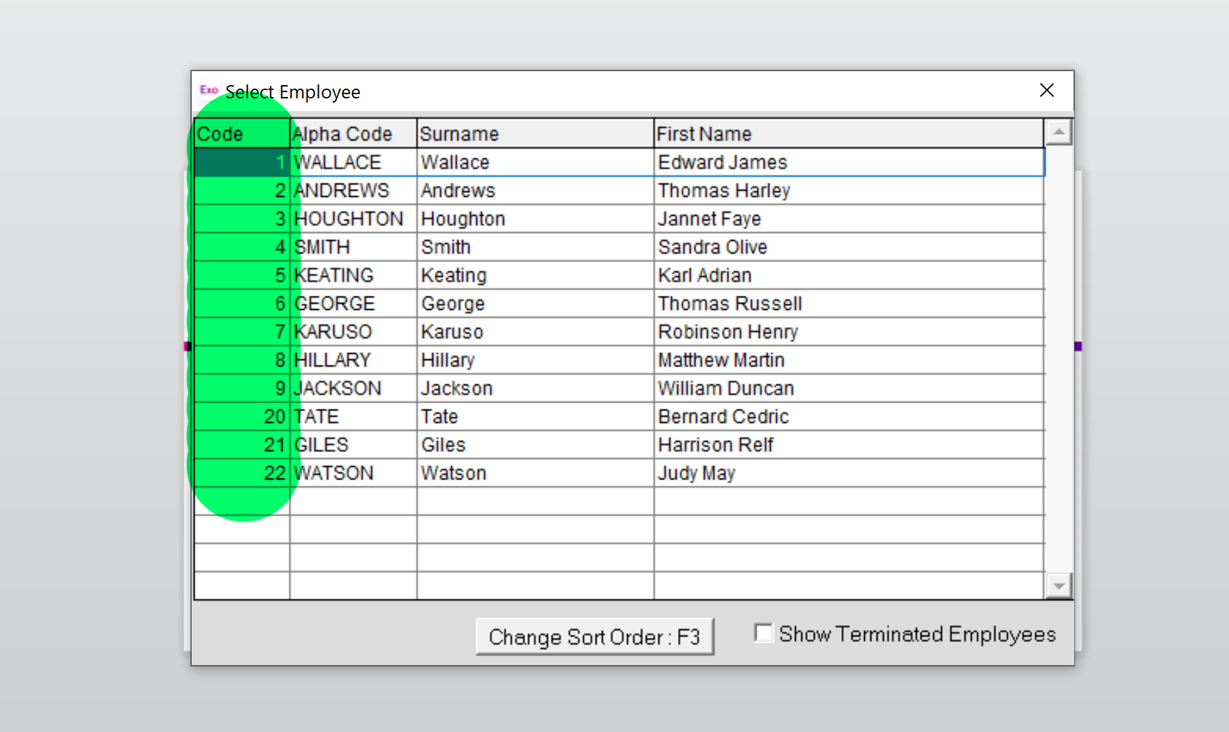 MYOB Exo Payroll Edit Employees - Employee Codes