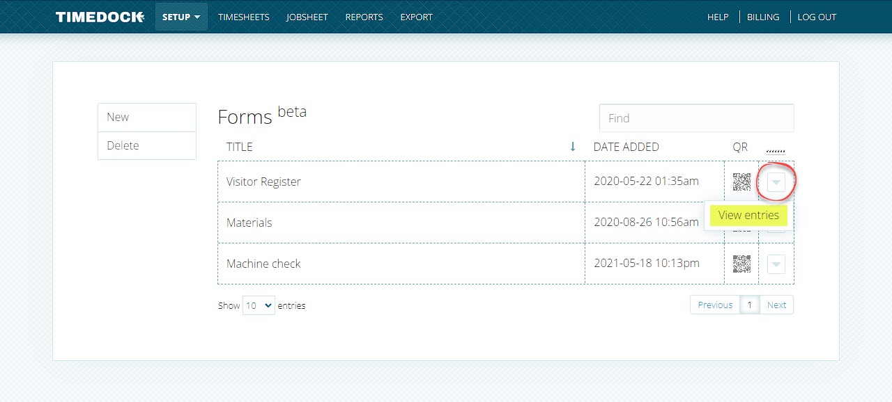 View TimeDock form entries