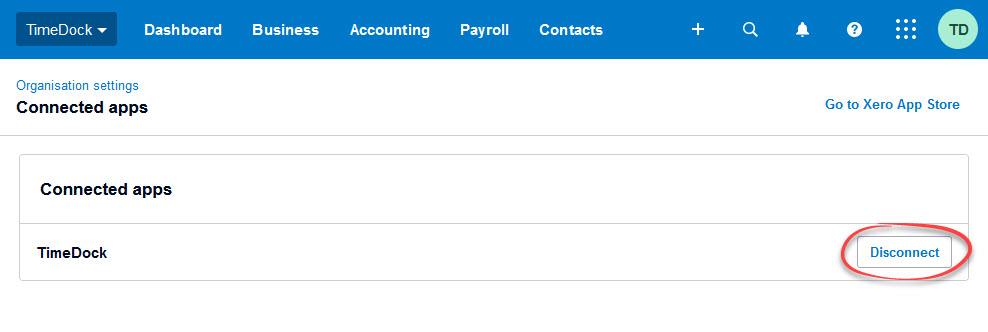 Xero organisation settings disconnect app