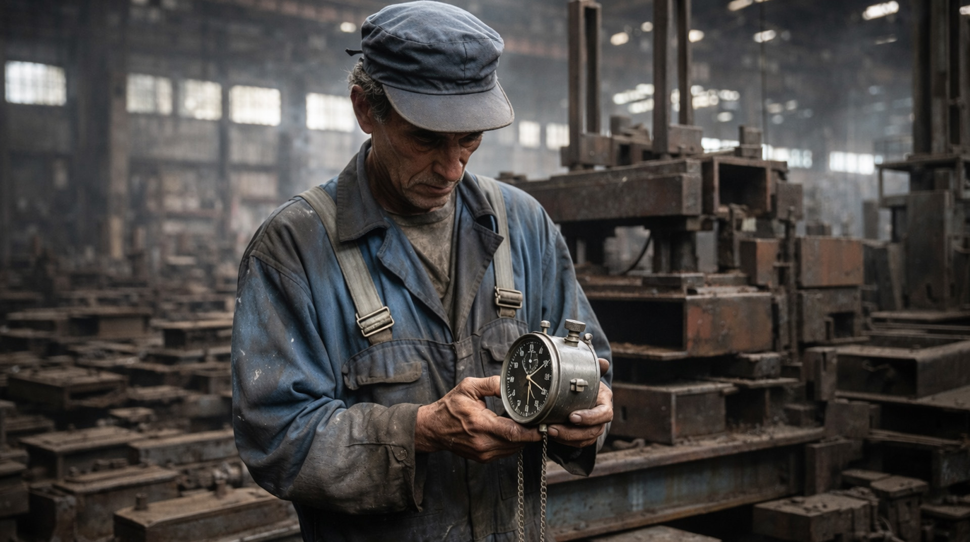 Engineer in blue overalls holding a retro stopwatch in a steel fabrication facility.
