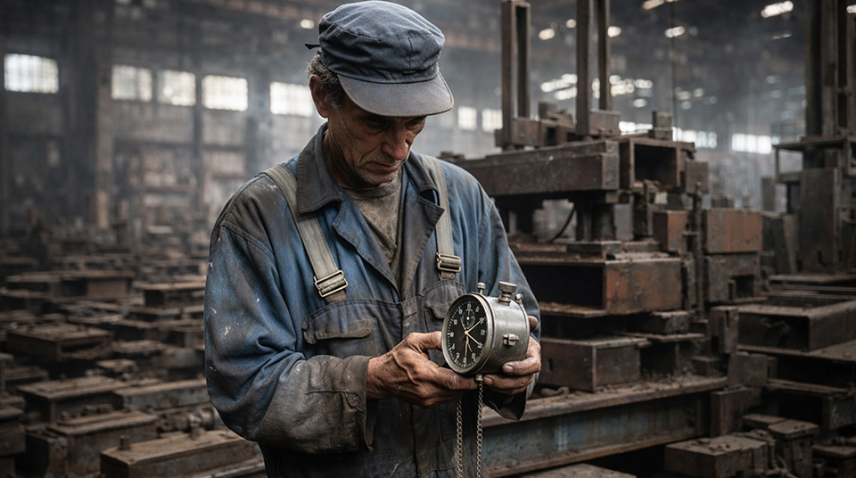 Engineer in blue overalls holding a retro stopwatch in a steel fabrication facility.